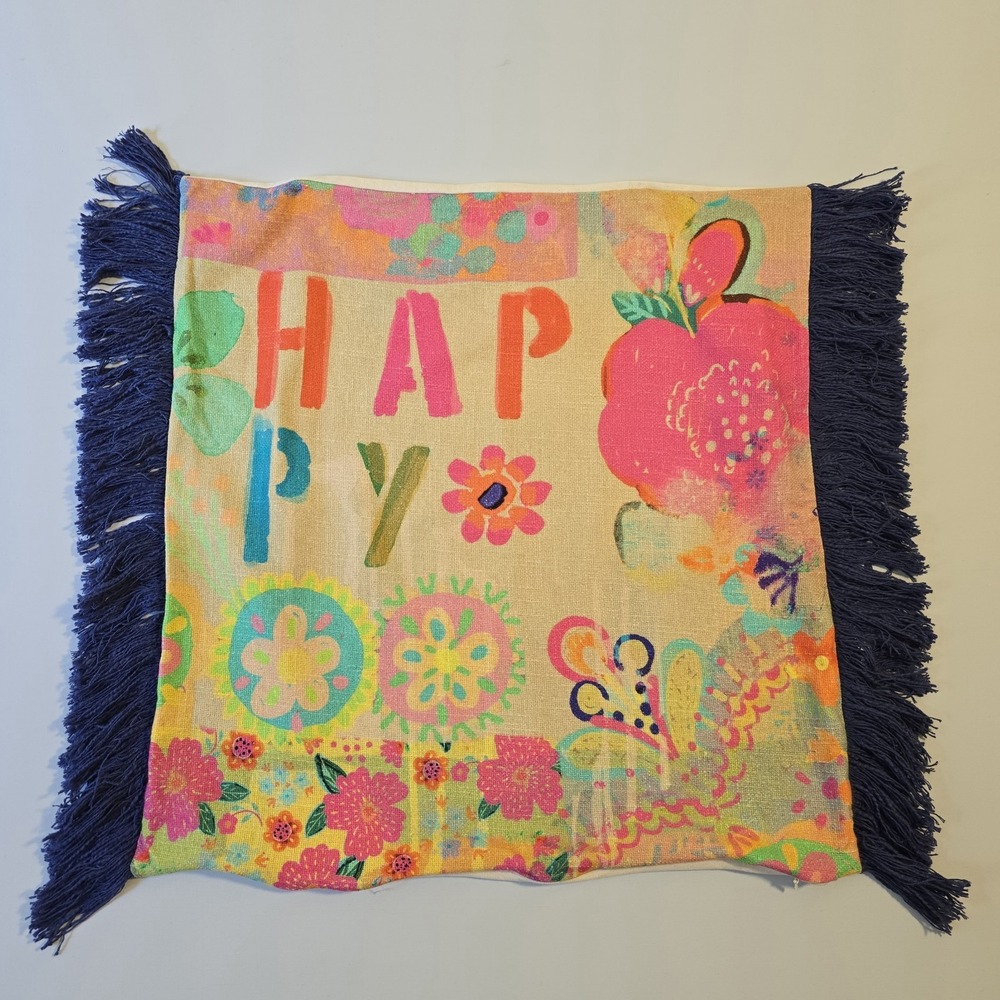 Natural Life Decorative Pillow Sham Happy Floral Fringe Cotton Boho 25"x25"